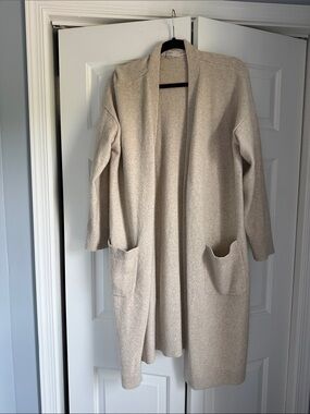 Cozy Long Open-Front Cardigan in Light Beige